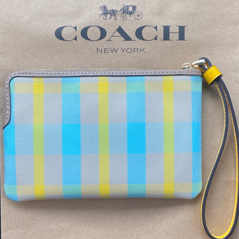 Coach Blue and Yellow Plaid Wristlet - Picture 2 of 9